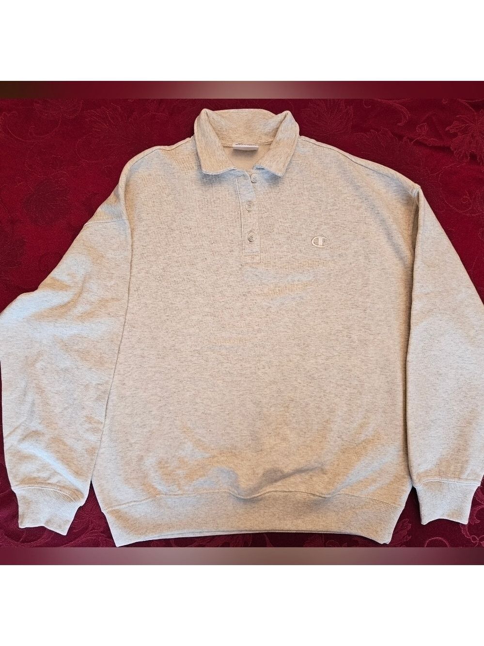 Medium Champion Gray Long Sleeve Quarter Button Polo Rugby Henley Sweater, NWOT